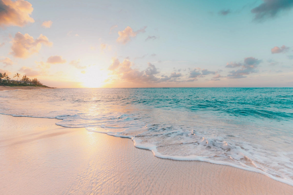 Beach scene with waves and sunset